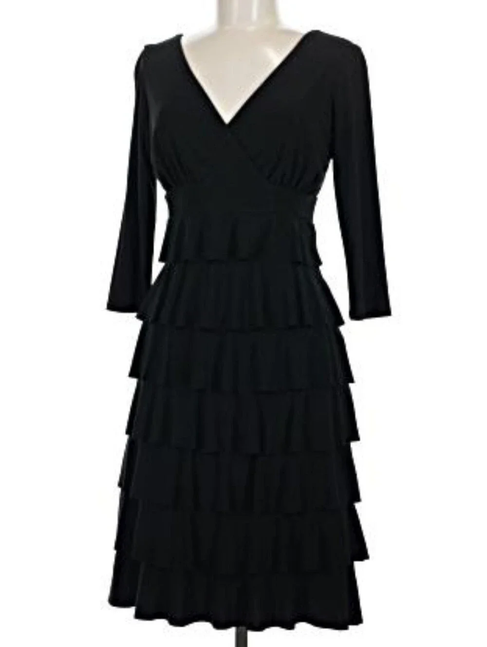 Frank Lyman Classic Black Tiered Ruffle Knee-Length Dress, Size 8